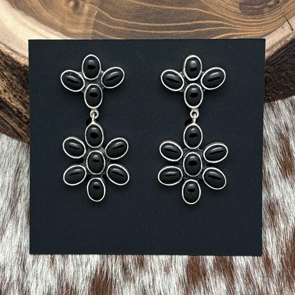FEDERICO JIMENEZ Sterling Silver Onyx Floral & Fan Cluster Post Dangle Earrings
